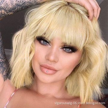 Short Blonde Wavy Bob Wig with Bangs for Women Girls Natural Looking Pastel Blonde Wigs Curly for Daily Cosplay Halloween
